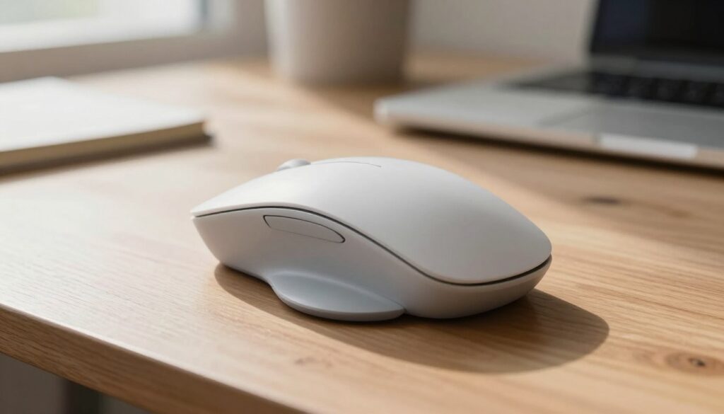 A close-up of a computer mouse designed for a palm grip, showcasing its ergonomic curves and contours. The mouse is positioned on a sleek, modern wooden desk, with a comfortable palm resting on it, demonstrating how the palm grip aligns with the mouse shape. Soft, diffused natural light filters in from a nearby window, casting gentle shadows that emphasize the mouse’s sleek design. In the background, a blurred workspace features a laptop and a notepad, enhancing the professional setting. The image captures a sense of ease and comfort, inviting viewers to appreciate the benefits of an ergonomic palm grip mouse. Focus on a realistic portrayal with meticulous detail on the texture and design of the mouse, without any distractions.