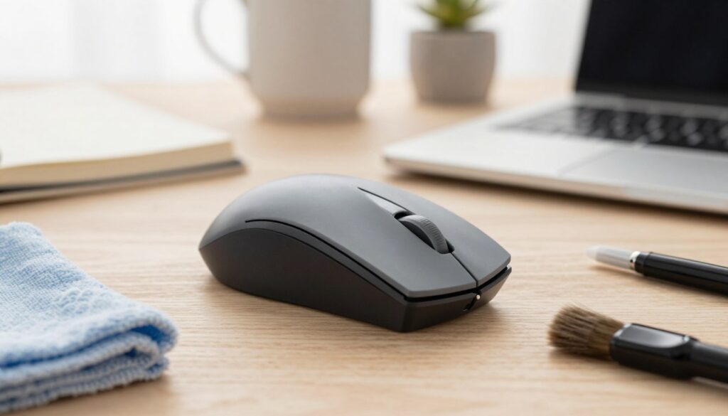 A close-up view of a computer mouse being carefully cleaned, with a focus on the optical sensor. The mouse is positioned on a clean wooden desk, surrounded by tools like a soft cloth, a can of compressed air, and a small brush. In the background, a well-lit workspace with a laptop, notepad, and minimalist decor suggests a tech-friendly environment. The lighting is bright yet soft, creating a clean and inviting atmosphere. Capture the intricate details of the mouse's sensor area, emphasizing the importance of maintenance. The angle should be slightly tilted, offering a dynamic view that draws the eye to the cleaning process, while evoking a sense of focus and professionalism.