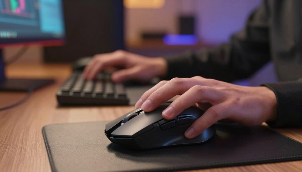 A close-up view of a gaming mouse on a sleek, modern gaming desk, showcasing the ergonomic design tailored for different grip styles: palm, claw, and fingertip. The mouse is positioned prominently in the foreground, highlighting its textured surface for enhanced grip and comfort. In the middle, a pair of hands in casual, professional attire gently hold the mouse in various gripping positions, conveying a sense of comfort and ease. The background features a softly lit gaming setup, with a blurred monitor displaying vivid graphics, enhancing the atmosphere of an immersive gaming experience. The scene is illuminated with warm, ambient lighting, creating a cozy yet focused mood, suggesting a dedication to precision and performance in gaming.