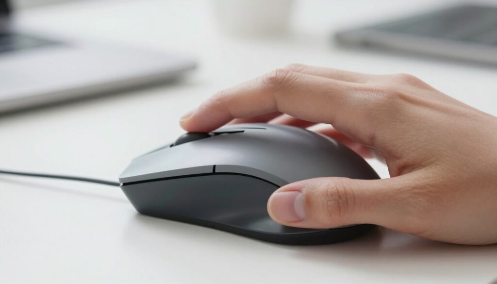 A close-up view of a hand demonstrating a fingertip grip on a modern ergonomic mouse. The foreground features the hand positioned delicately, with fingers curved and fingertips making contact with the buttons, showcasing the precision of the grip. The middle ground shows the mouse in sleek design, emphasizing its contours and functionality. The background is softly blurred to enhance focus on the hand and mouse, with a subtly lit desk environment that creates a professional and clean atmosphere. The lighting is bright yet soft, allowing shadows to accentuate the grip style without harsh contrasts. The overall mood is focused and informative, suitable for illustrating the nuances of mouse grip styles.