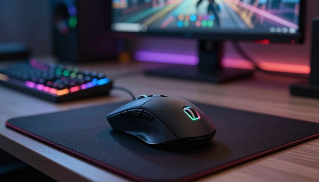 A close-up view of a high-performance gaming mouse positioned on a sleek, modern gaming desk, highlighting its features like customizable DPI settings and a glowing LED. The foreground captures intricate details of the mouse's buttons and scroll wheel, emphasizing precision. In the middle, an ultra-responsive mouse pad enhances the composition with its textured surface. The background is softly blurred, showcasing a dimly lit gaming setup with a vibrant RGB keyboard and a large monitor displaying a fast-paced gaming scene. Use dramatic lighting to create a contrast that highlights the mouse's features, with a shallow depth of field for a professional, immersive atmosphere, evoking the excitement of high-stakes gaming.