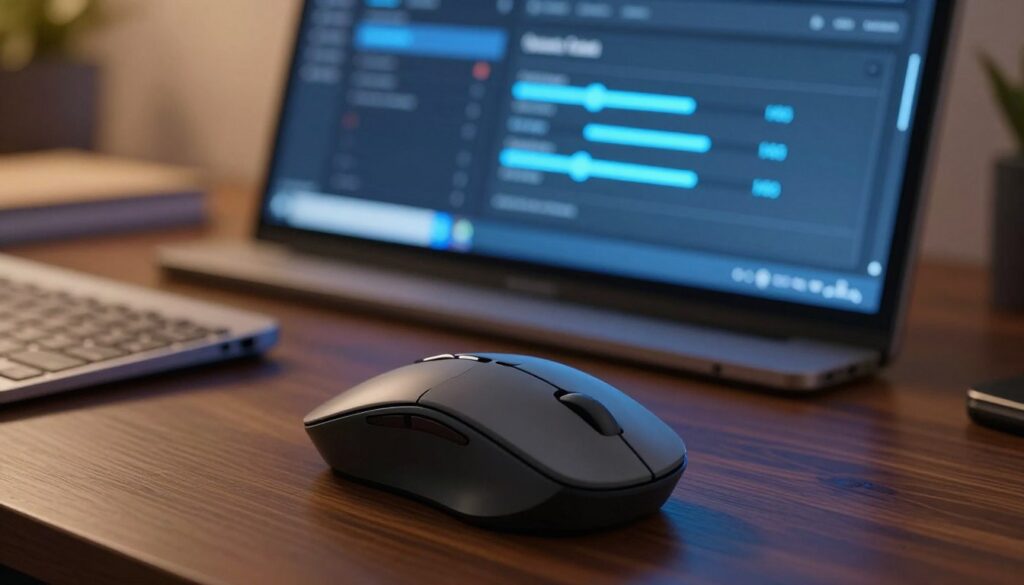 A close-up view of a modern computer mouse placed on a sleek, dark wooden desk, with an illuminated display on the screen showing system settings related to double-click speed adjustments. In the foreground, the mouse is positioned prominently, emphasizing its ergonomic design and high precision. In the middle, the screen glows with vivid colors, showcasing a menu with sliders for speed settings, highlighted in soft blue light. The background features a softly blurred tech workspace with hints of a keyboard and notebook, creating a professional atmosphere. The lighting is warm and inviting, accentuating the focus on the mouse and screen without distractions. The overall mood is one of productivity and problem-solving, inviting viewers to explore solutions for double-clicking issues.