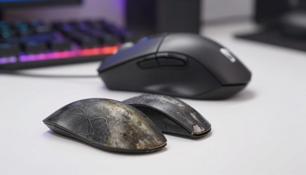 A close-up view of high-quality mouse skates, showcasing their intricate design and texture to highlight wear and tear. The foreground features a pair of slightly scuffed and worn-out mouse feet with visible scratches and uneven edges, set against a clean, contrasting surface. In the middle ground, an elegant gaming mouse rests, highlighting the skates while casting subtle reflections on the surface underneath. The background is softly blurred, filled with a workspace atmosphere, including a gaming setup with colorful LED lights, creating a dynamic yet professional ambiance. The lighting is bright and focused to emphasize the details of the skates, evoking a mood of attentive care and precision. The angle is slightly top-down, capturing the essence of maintenance and replacement.