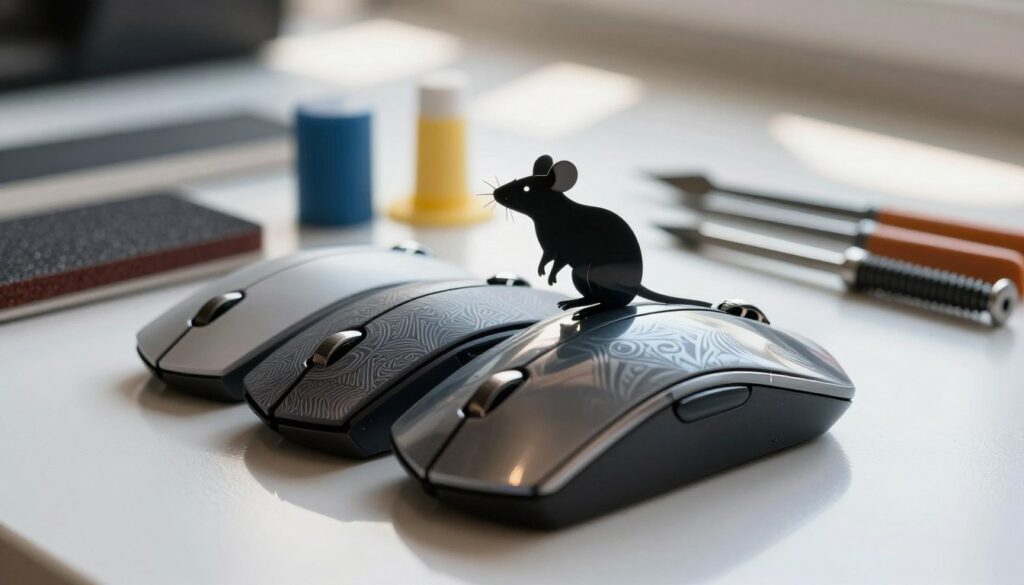 A high-resolution close-up image of a set of mouse skates arranged on a smooth, reflective surface. The foreground features shiny, upgraded mouse skates with intricate patterns and textures that highlight their gliding capabilities, while a polished mouse silhouette sits atop them, showcasing compatibility. In the middle ground, various tools and materials for upgrading mouse skates, such as fine-grit sandpaper, adhesive, and precision screws, are neatly organized. The background is softly blurred, creating a clean workstation ambiance with natural light streaming in, casting gentle shadows for depth. The overall mood is focused and informative, reflecting the essence of improvement and enhancement.