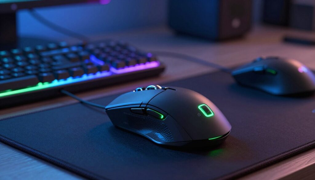A high-tech gaming mouse sits prominently in the foreground, showcasing its sleek, ergonomic design with customizable RGB lighting in vibrant blue and green hues that subtly illuminate its surface. The mouse features textured grips and adjustable buttons, highlighting various technical specifications like DPI settings displayed in fine detail. In the middle ground, a stylized gaming mouse pad with high-performance fabric is visible, complemented by an atmospheric gaming setup, including a futuristic gaming keyboard with similar lighting effects. The background features a softly blurred, modern room with atmospheric lighting that creates a focused yet inviting mood, suggesting a professional gaming environment. The lighting is dramatic yet soft, with a slight reflection on the mouse's surface to enhance its high-tech appeal.