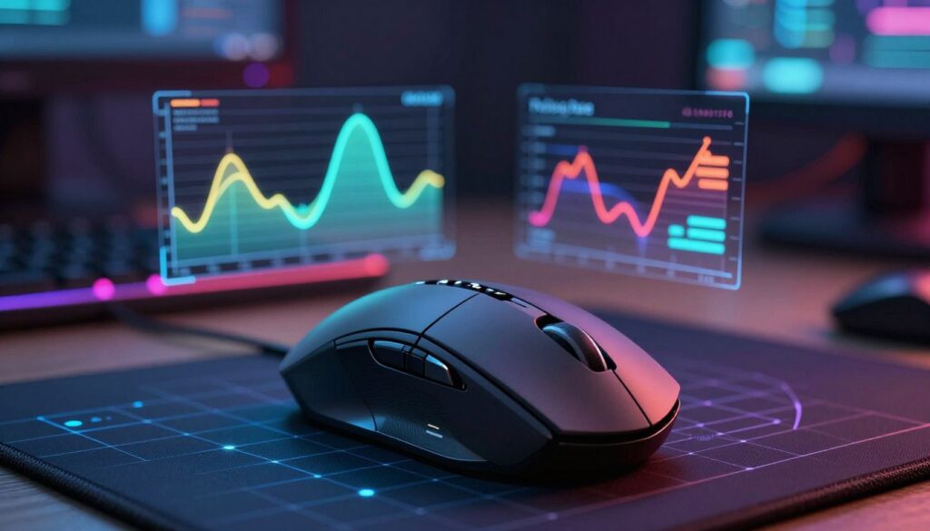 A sleek, modern computer mouse prominently displayed in the foreground, showcasing its intricate design and sensors. The mouse is positioned on a high-tech gaming mouse pad, featuring a glowing grid pattern to emphasize technology. In the middle ground, visual representations of data flow, such as animated graphs and waveforms, illustrate the concept of polling rate, with varying frequencies depicted in vibrant colors. The background features a softly blurred gaming setup, dimly lit with LED lights reflecting a futuristic atmosphere. The overall mood is dynamic and energetic, suggesting responsiveness and precision in gaming. The lighting is focused on the mouse to highlight its features, while ambient backlighting adds a sense of depth and modernity.